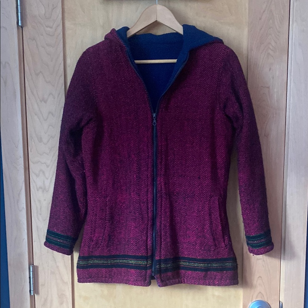 Red and Blue Hooded Knit Jacket with Full-Length Zipper
